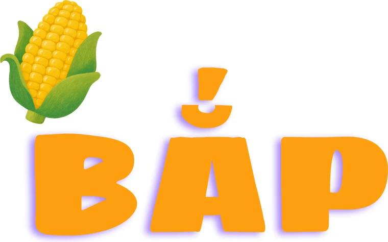 Logo Bắp — chữ cam cùng bắp ngô và quầng tím